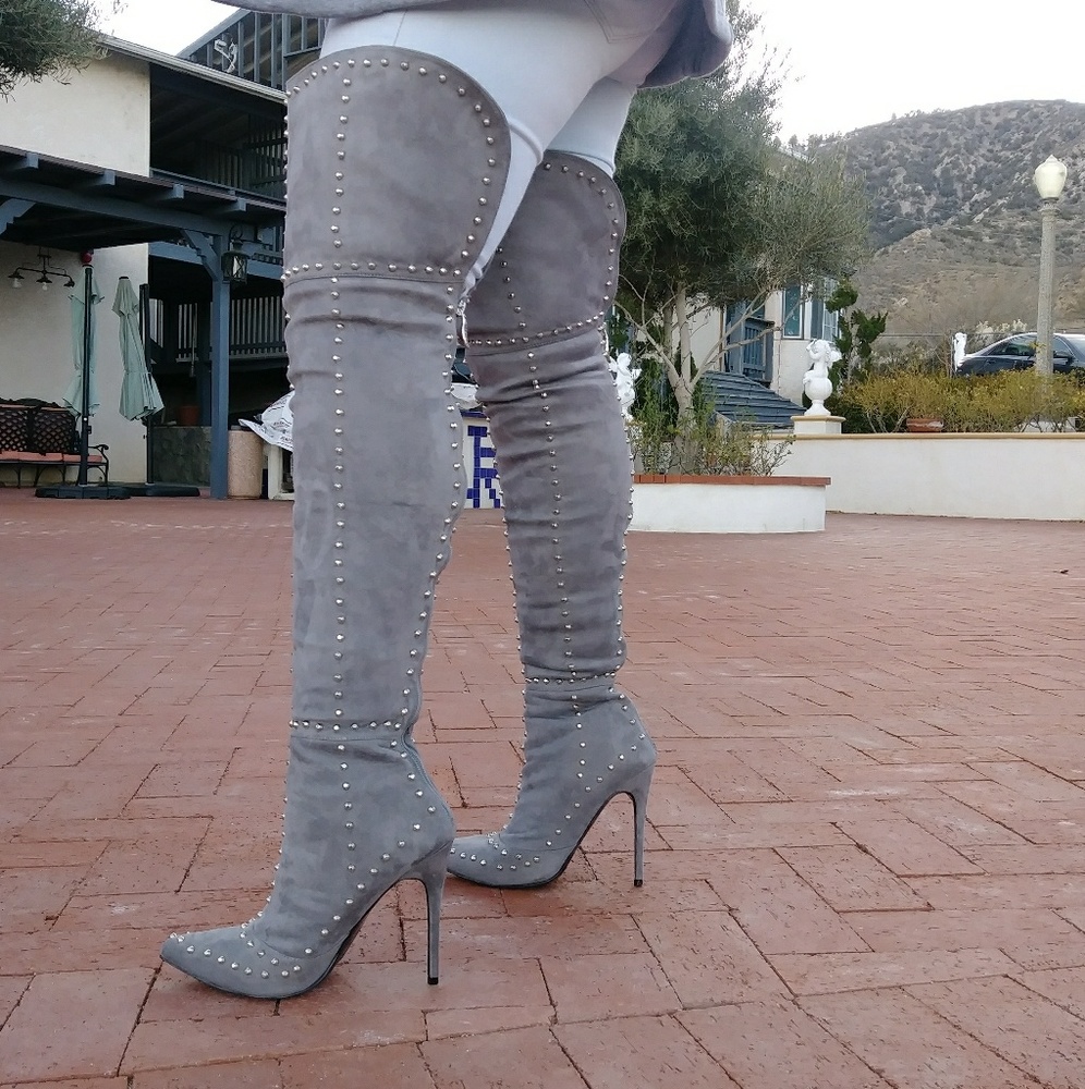Last size- Stud Gray Faux Suede Thigh High Boots - Picture 3 of 3